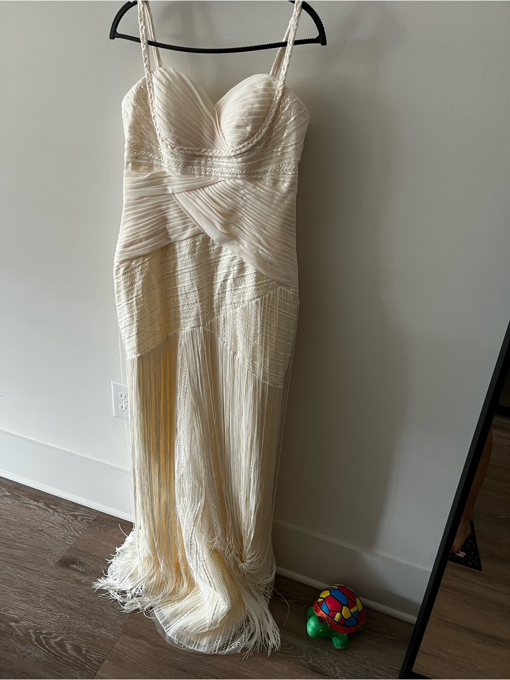 Ivory Fringe Evening Gown Spaghetti Strap Dress size 8/10 new!